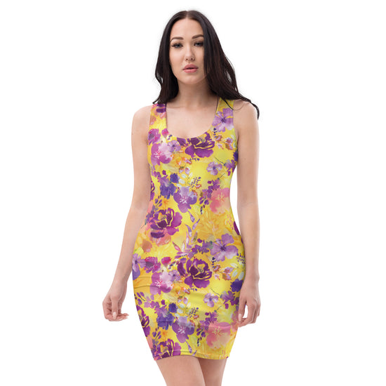 Maadish | Yellow & Purple Floral Fitted Dress